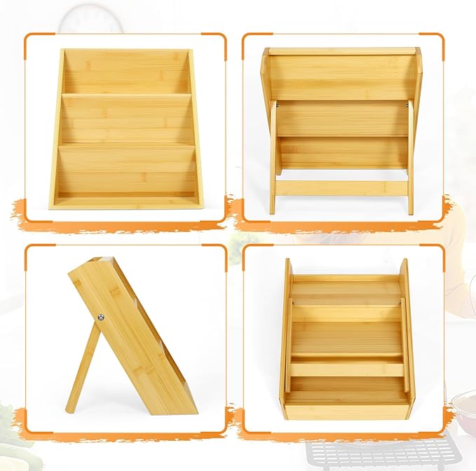 Bamboo Spice Rack Organizer, 3 Tier Folding Spice Shelf for Cabinet, Drawer or Countertop