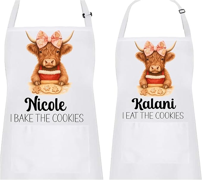 Personalized Mommy & Me Highland Cow with Bow Apron Set – Christmas Matching Family Baking Gift