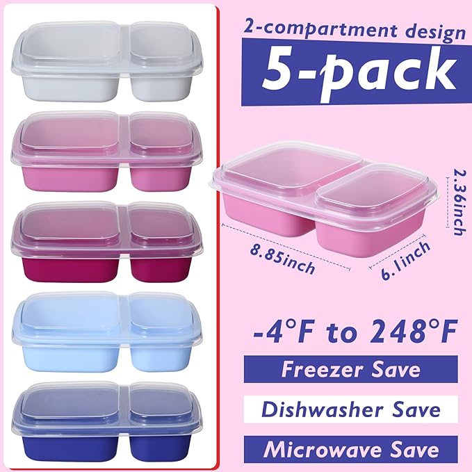 Honeydak 5 Pack Lunchable Snack Containers 2 Compartment Divided Bento Snack Boxes Reusable Meal Prep Containers with Lids Lunch Food Storage Box for School Work Travel(Elderberry Color)