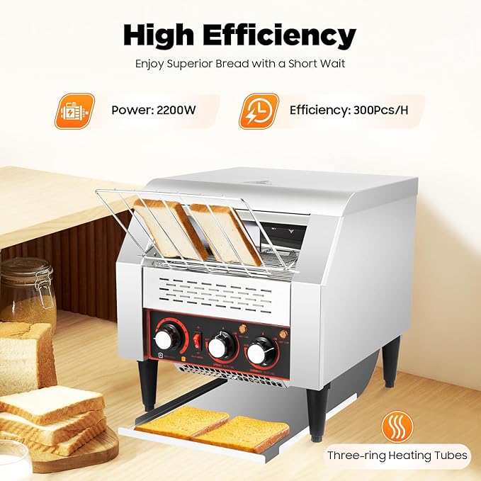 300 Slices/Hour Commercial Conveyor Toaster, Stainless Steel Bread Toaster with 1-7 Levels Adjustable Speed & Temperature Control for Coffee Shops, Bakeries 16.42 * 14.37 * 15.27 Inch
