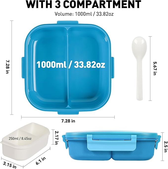 Bento Boxes with Removable Compartments for Kids & Adults,1000ML Lunch Box with Spoon & Water Cup,BPA-Free,Microwave & Dishwasher Safe (Blue)