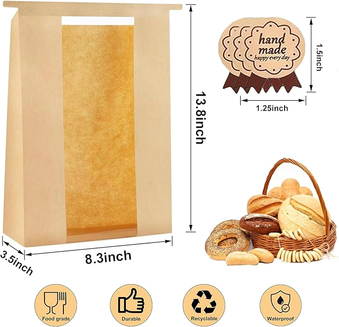 100 Pack thicker Large Sourdough Paper Bread Bags for Homemade Bread(13.7x8.2x3.7in)& Tin Tie Tab Lock. with Window bags & 125pcs label,for Packaging and Storage of Baked Goods