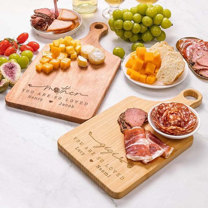 Personalized Wooden Engraved Cutting Boards with Handle, Custom Reversible Monogrammed Cheese Board S M L, Housewarming Wedding Gift for Family or Couple (Carnation Title)