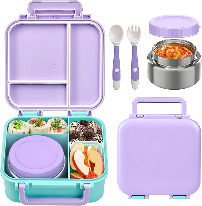 Bento Box for Kids with Soup Thermos(9oz)– Kid Bento Lunch Box with Leak Proof Insulated Food Jar, Hot & Cold Lunch Container Set for School Girls Boys, 4-Compartments, Purple/Blue
