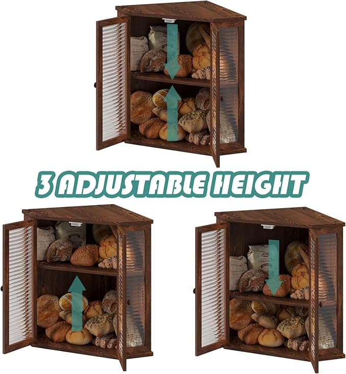 Extra Large Corner Bread Box for Kitchen Countertop, 16.5 Inch Charred Pine 2-Tier Breadbox with Glass Wavy Door Panel, Vintage Farmhouse Style Wood Design