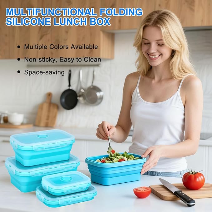 4 Set Collapsible Food Storage Containers Silicone Lunch Container with Lids Collapsible Lunch Box Food for Camper Leftovers Snacks Meals Dorm Kitchen Microwave Dishwasher and Freezer Sky Blue