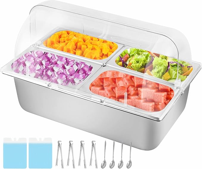 Cold Food Buffet Server 4 Pans×2.7QT with Ice Packs for Salad Pizza Sauce Colded Serving Trays Condiments Containers for Parties Buffet
