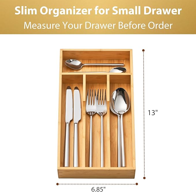 Umilife Bamboo Kitchen Drawer Organizer, 7 Inch Silverware Utensils Tray Holder for Small Drawer, Wood Caddy for Flatware Cutlery Knives