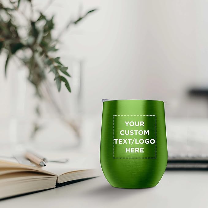 Custom Stemless Wine Glass Tumblers with Lids by Largo 11 oz. Set of 12, Personalized Bulk Pack - Perfect for Wine, Cocktails, Other Hot & Cold Beverages - Lime Green