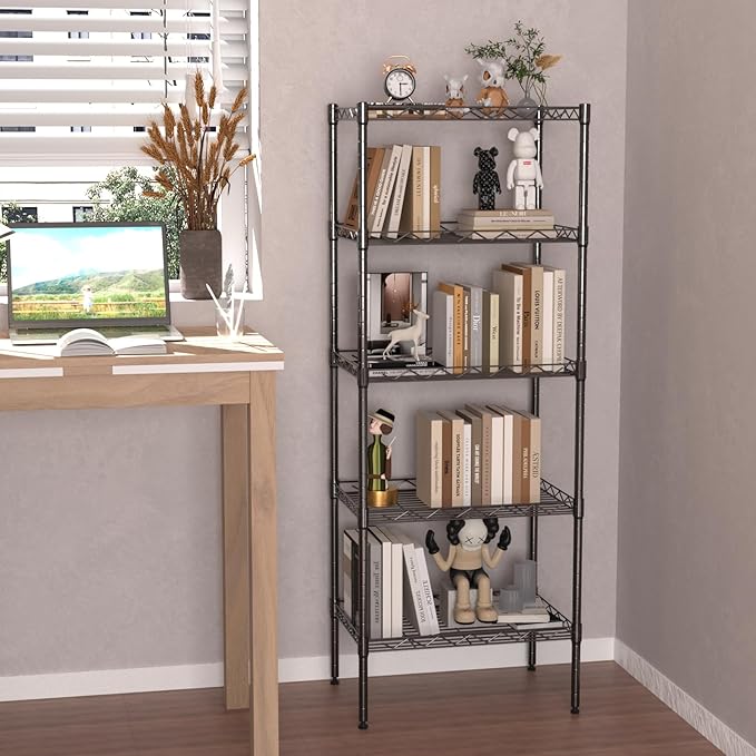 5-Shelf Storage Shelves Metal Shelving Unit NSF Garage Storage Rack Adjustable Wire Shelves Organizer for Kitchen Closet Basement, 750 Lbs Capacity, 16.7" L × 11.8" W × 47.6" H, Black