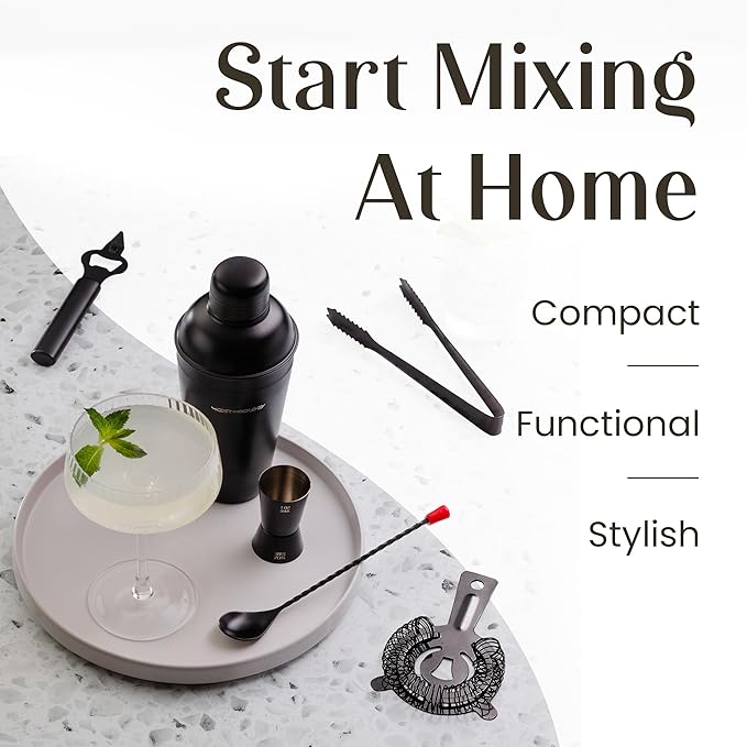 Modern Mixology Cocktail Shaker Set - 8 Piece Bartender Kit with Martini Shaker and Popular Bar Accessories on Quality Pine Stand - Leak Proof Design (Black)