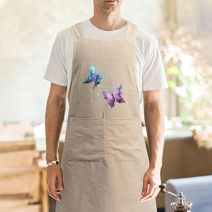 Cotton Linen Apron Non-tie Cross Back Kitchen Apron with Pockets Soft Comfortable Durable for Cooking Baking Gardening (Khaki,Butterfly)