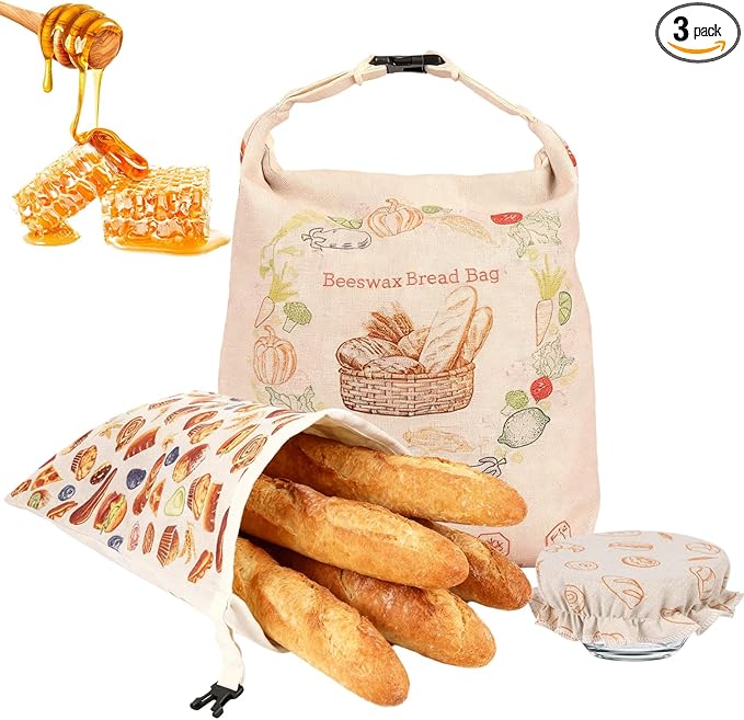 3 Pack Beeswax Bread Bags for Homemade Bread & Sourdough,Reusable Organic Linen Beeswax Sourdough Bread Bags with Linen Bowl Cover,17 x 13" Food Storage Cloth Bag-Keeps Bakes Fresh Longer