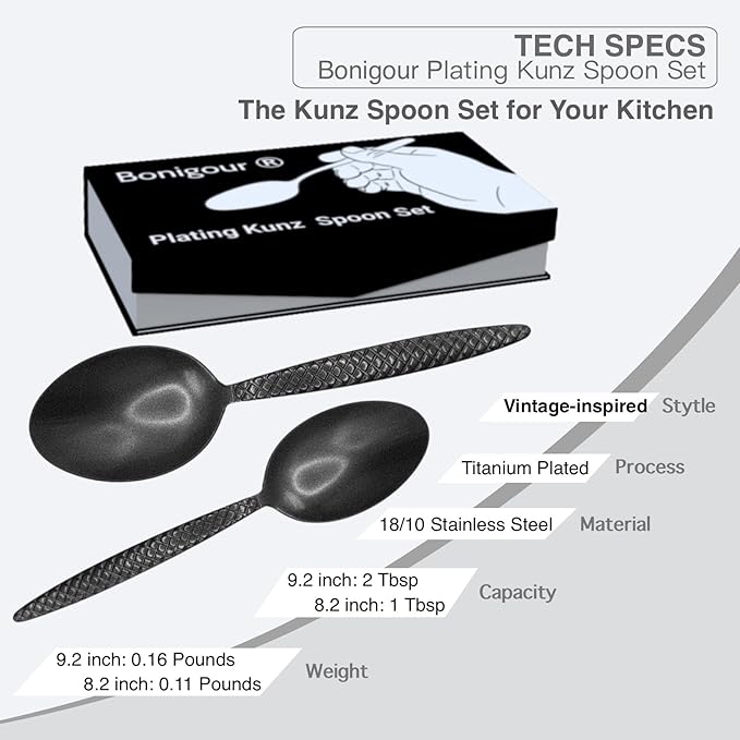 Chef Kunz Spoons - Professional Set for Basting, Plating, Quenelle, Serving, Sauces| Vintage-inspired 8" & 9" Chef Spoon Set| Culinary Plating Tools with Non-Slip Grip (Black)