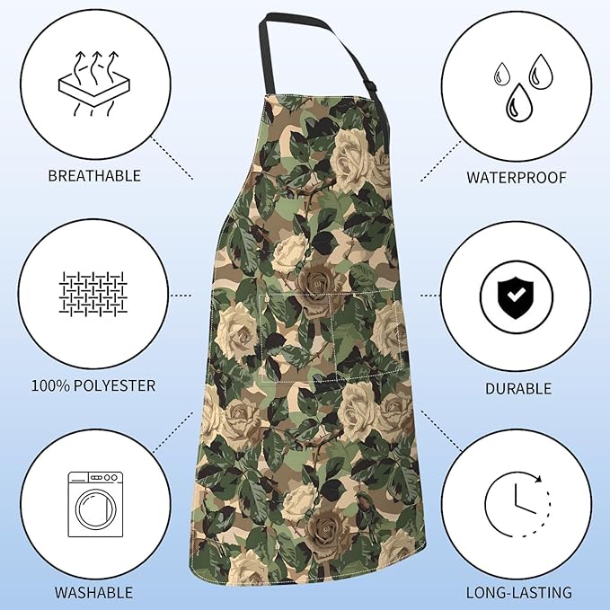 Camo Rose Apron for Women with Floral,28x33in,Goth Kitchen Aprons with 2 Pockets, Oxford Fabric,Green Leaves Adjustable Apron for Cooking Baking Gardening Chef,Gifts for Mom Wife