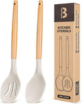 Large Silicone Cooking Spoons, 2 Pack Nonstick Solid and Slotted Wooden handle Spoon Set, Heat Resistan Silicone Kitchen Spoons for Cooking, Serving, Basting, Mixing (Khaki)