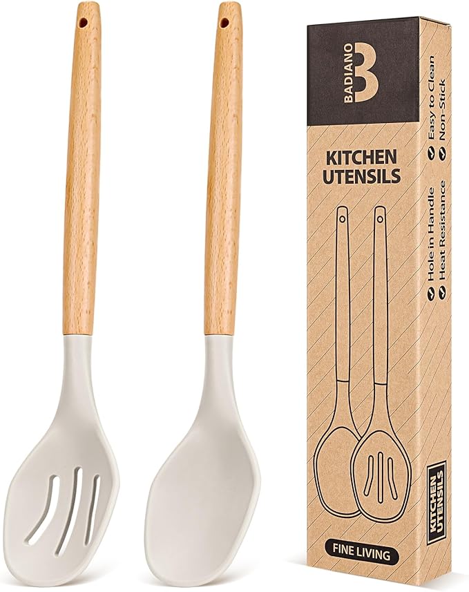Large Silicone Cooking Spoons, 2 Pack Nonstick Solid and Slotted Wooden handle Spoon Set, Heat Resistan Silicone Kitchen Spoons for Cooking, Serving, Basting, Mixing (Khaki)