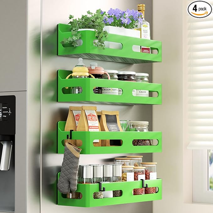 4 Pack Magnetic Spice Rack for Refrigerator, Spice Rack Organizer, Moveable Magnetic Shelf Fridge Organizer with 4 Hooks for Kitchen and Oven Organization, Green