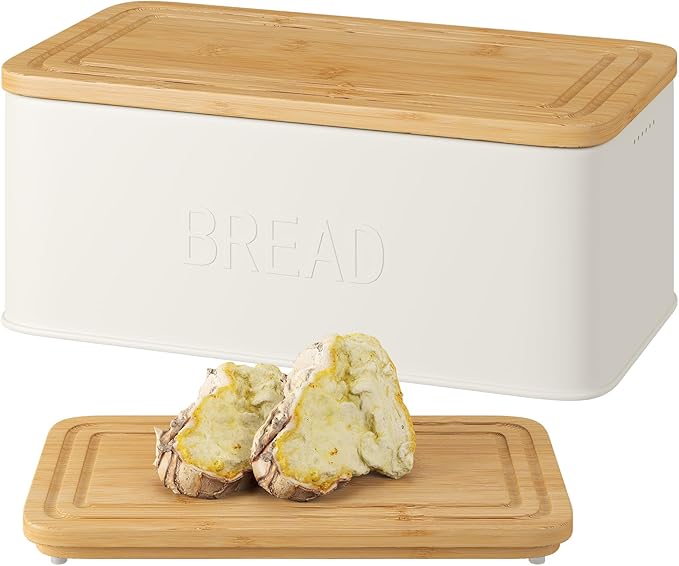 FILWH Metal Bread Box with Bamboo Cutting Board Lid, Bread Box with Bread Knife for Kitchen Countertop Countertop Storage for Homemade Bread, Bagels & Muffins (White, M)