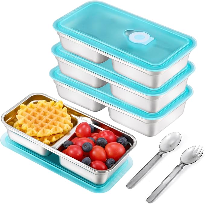 Stainless Steel Snack Containers with Lids, 4 Pack Reusable Grab and Go 2 Compartment Lunch Box for Travel & Outdoor Campin.