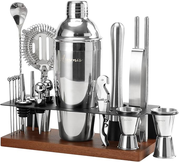23-Piece Bartender Kit, Cocktail Shaker Set with Stand | Bar Drink Mixer Set with All Essential Bar Tools: Martini Shaker, Jigger, Strainer, Muddler, Pourers, for Home, Bar, Party (Brown)