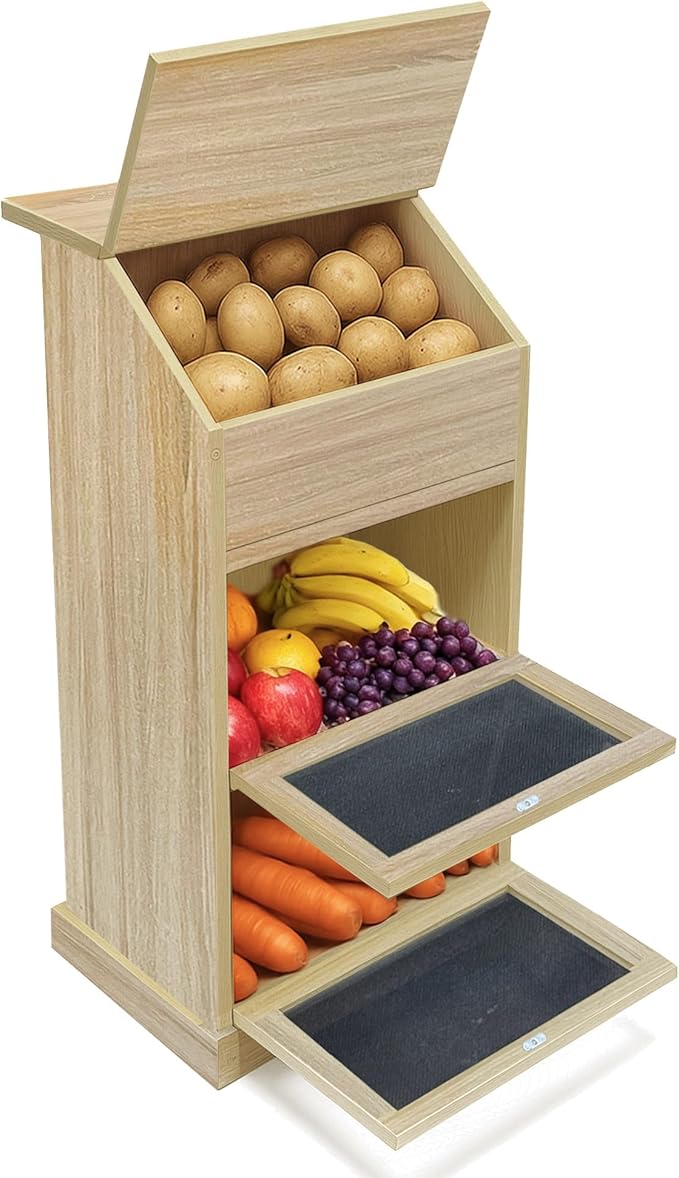 Potato Storage Bin, 3-Tier Potato and Onion Storage Bin with Lid, Wooden Bread Box for Fruit and Vegetable,Food Storage Containers for Kitchen Pantry (White Oak)