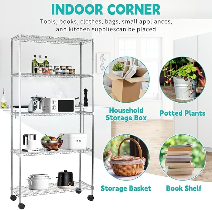 5-Shelf Adjustable Storage Shelf, Heavy Duty Storage Shelving Unit with Wheels, Standing Shelves Metal Organizer Wire Rack for Kitchen Bathroom Pantry, 30" L x 14" W x 60" H, Chrome