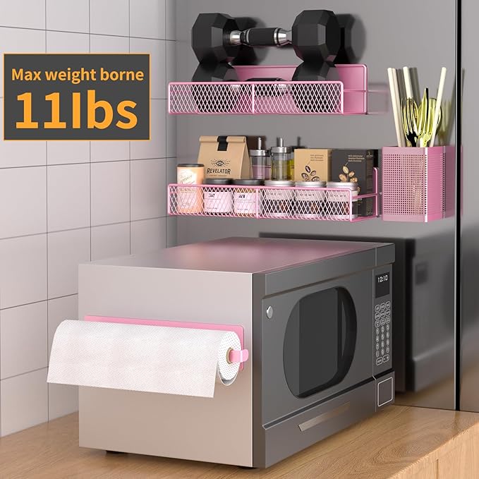 Magnetic Spice Rack for Refrigerator, 6 Pack 100% Metal Strong Magnet Shelf, Space Saving Spice Organizer, Home Kitchen Laundry Room Storage Organization W/ Paper Towel Holder, Utensils Racks (Pink)