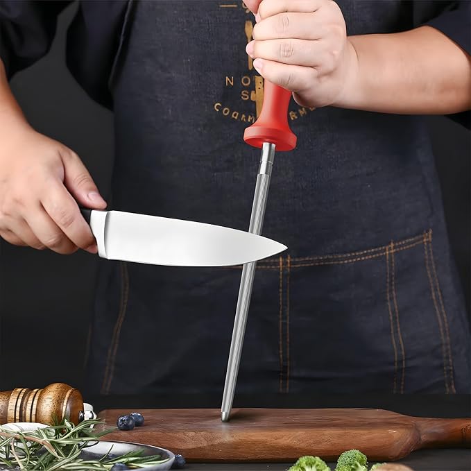 Knife Sharpener Rod, Kitchen Knives Sharpener Carbon Steel Professional Knife Sharpening Steel, Red Diamond Honing Rod with Hanging Holes (13 inches)