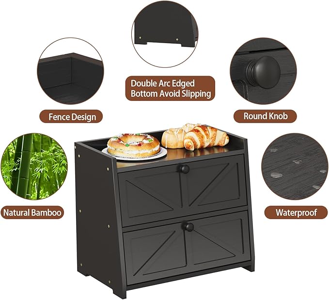 Vintage Double Layer Bread Box for Kitchen Counter Bamboo Bread Storage Container Large Capacity Bread Storage Bin (Black)