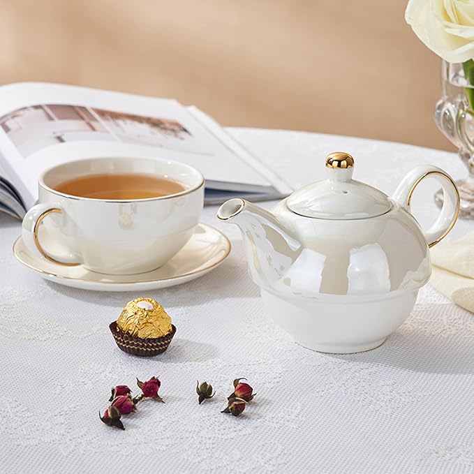 Tea for One Porcelain Teapot and Cup Set, Tea Set for One, Floral Teapot, Tea Set Gift for Women, Pearlescent white