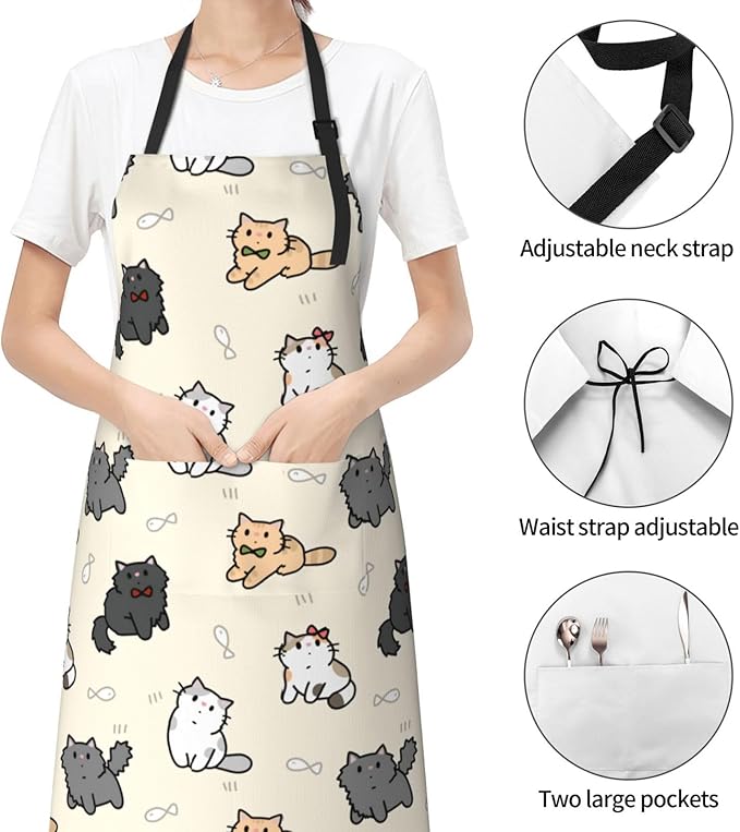 Cute Cat Apron Adjustable with 2 Pockets Cooking Kitchen Aprons for Men Women Outdoors Baking Chef Apron