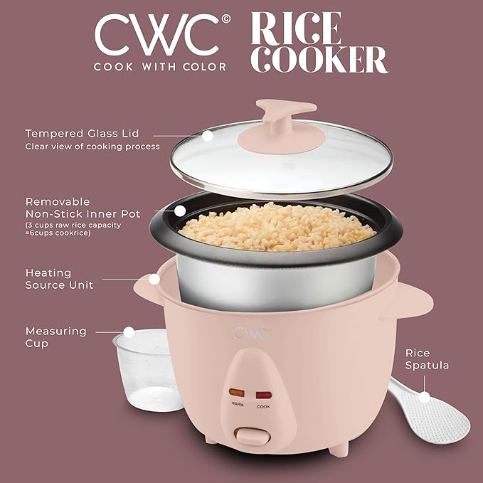 COOK WITH COLOR 6 Cup Rice Cooker 300W - Effortless Cooking and Perfectly, Cooks 3 Cups of Raw Rice for 6 Cups of Cooked Rice, Blush