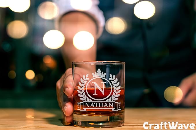 Personalized Whiskey Glass for Men, Custom Engraved Name & Initial Rocks Glasses, 11oz, Barware for Men, Father’s Day Gifts - Set of 4