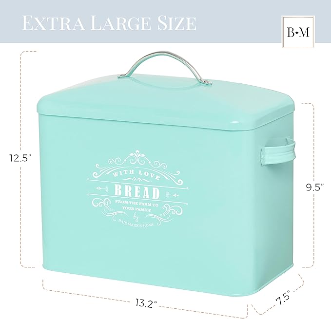 Extra Large Teal Farmhouse Bread Box for Kitchen Countertop - Breadbox Holder Fits 2+ Loaves - Bread Storage Container Bin - Rustic Bread Keeper Vintage Metal Kitchen Decor for Counter(Bread Box)