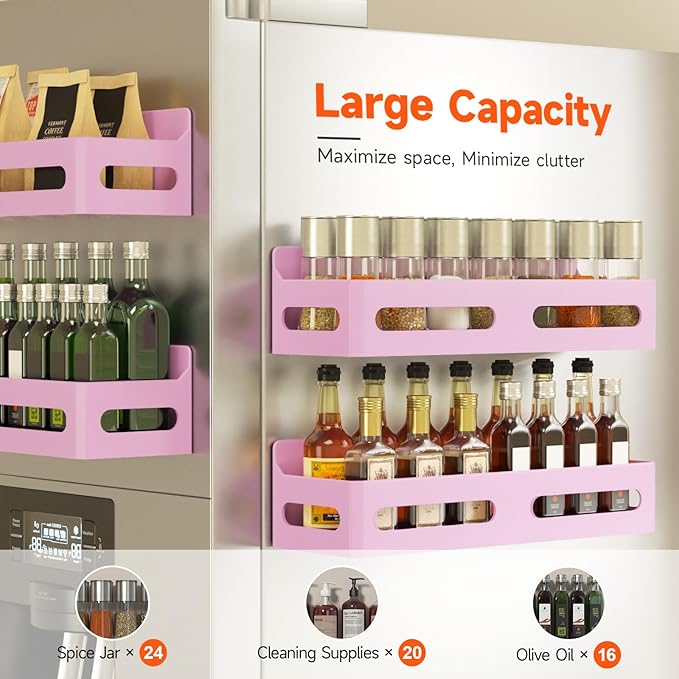 4 Pack Magnetic Spice Rack for Refrigerator, Spice Rack Organizer, Moveable Magnetic Shelf Fridge Organizer with 4 Hooks for Kitchen and Oven Organization, Pink