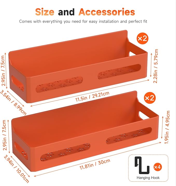 4 Pack Magnetic Spice Rack for Refrigerator, Spice Rack Organizer, Moveable Magnetic Shelf Fridge Organizer with 4 Hooks for Kitchen and Oven Organization, Orange