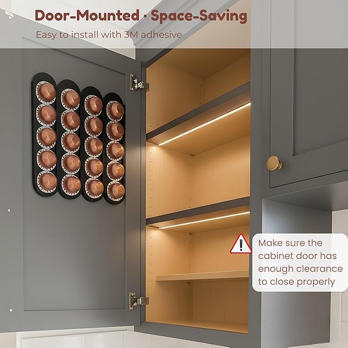 Bamboo Coffee Pod Holder, Adhesive Wall Mount for Cabinet Door, 20-Capsule Storage (Set of 4) — Vertical/Horizontal — Compatible with Nespresso Vertuo Line-Black
