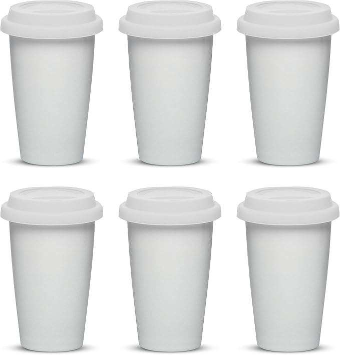 DISCOUNT PROMOS 11 oz. Double Wall Ceramic Tumblers with Lid - 6 Pack - White