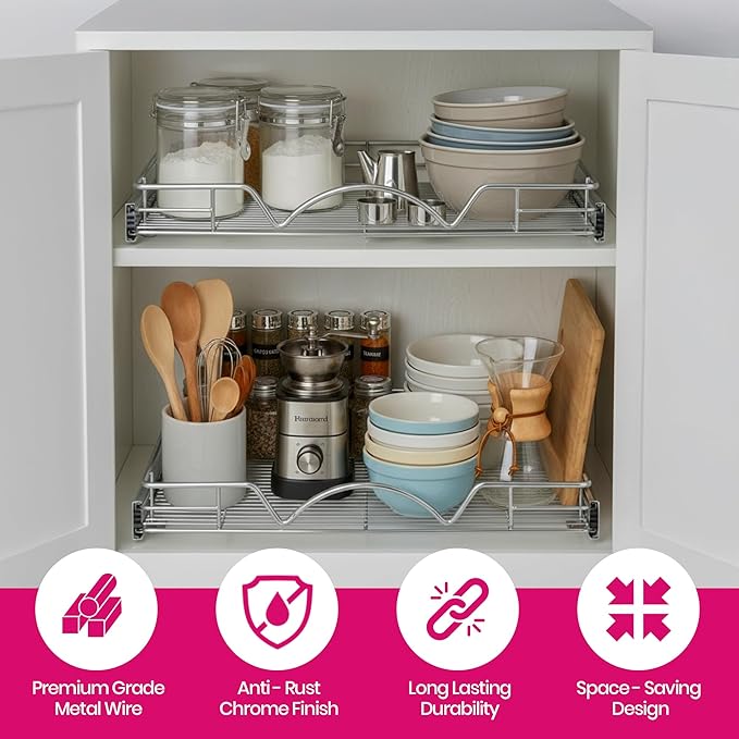 HOLDN’ STORAGE Pull Out Cabinet Organizer, Heavy Duty Caddy w/Lifetime Limited Warranty - 28”W x 21”D - Requires At Least 29-1/4” Cabinet Opening, Steel Metal Cabinet Drawers Slide Out, Chrome