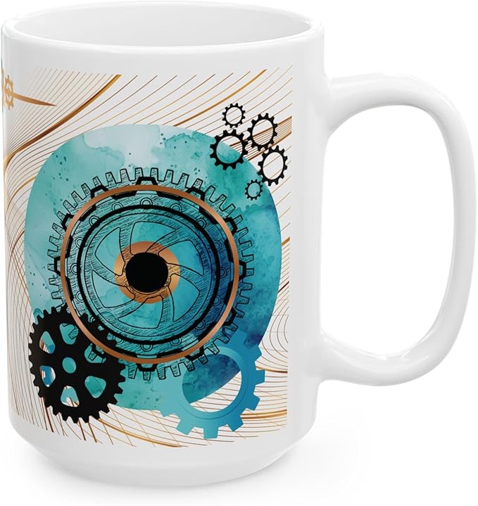 Turquoise, Black, and Copper Gears Coffee Mug for Men, Blue Coffee Mugs for Engineers, Mechanics, or Gear Head gifts,