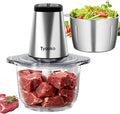 Electric Food Processor Vegetable Chopper, Kitchen Aid Easy Clean Meat Grinder with 2 Bowls (8 Cup Stainless Steel+8 Cup Glass), Small Food Mixer for Fruits/Meat/Nuts/Fish/Vegetable/Pet Food/Baby Food