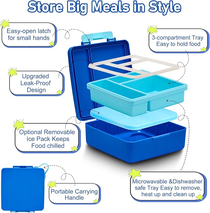 Chill Bento Lunch Box for Kids Adult with Ice Pack,Leak Proof 3 Compartments Lunch Container for Kids,Ice Pack Detachable Bento Box,BPA Free,Dishwasher & Microwave Safe-Blue