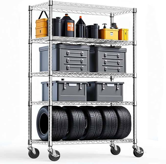 5-Tier 2200LBS Storage Shelves,Adjustable Wire Shelving for Pantry Organizers and Storage Heavy Duty Garage Shelving for Kitchen, Basement,Warehouse(Chrome,17,7Dx 47.2" W x 76.7" H)