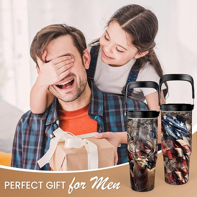 SANDJEST Hunting Gift for Men, Deer Hunting Tumbler with Handle, 30oz Flip Straw Stainless Steel Insulated Coffee Travel Cup, Gifts for Hunter Dad Grandpa for Birthday Christmas Fathers Day