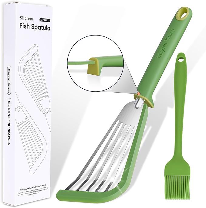 Fish Spatula,600℉ Heat Resistant Silicone Fish Spatula with Basting Brush,for Nonstick Cookware,Flexible Slotted Fishs Turner Spatulas,BPA Free,Dishwasher Safe(Green)