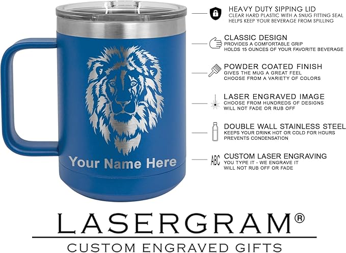LaserGram 15oz Vacuum Insulated Coffee Mug, Tiki Statue, Personalized Engraving Included (Dark Blue)