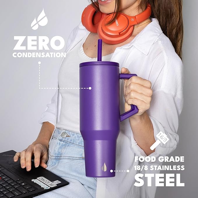 Elemental 40 oz Tumbler with Handle and Straw - Spill Proof Insulated Stainless Steel Commuter for Hot and Cold Beverages - Travel Coffee Mug with 2 Straws & Spill Proof Lid - 40oz - Purple