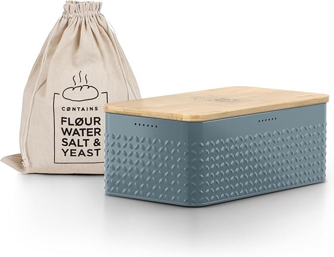 LARS NYSØM Bread Box I Metal Box with linen bag for long lasting freshness I Bread Bin with bamboo lid usable as cutting board I 13.4x7.3x5.3In (Stone Blue)