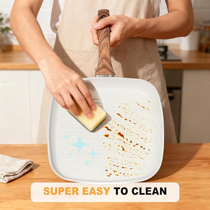 3 Pieces Nonstick Grill Pan Set – Square Griddle Pans with Wooden Handle, Compatible with All Stovetops, Perfect for Steak, BBQ, Vegetables (9.5", 10.2", 11") Ivory